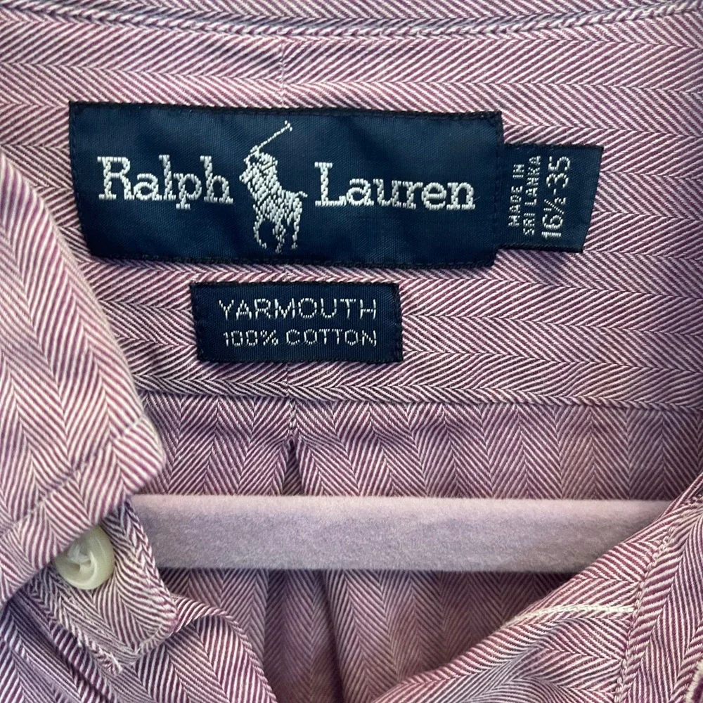 Ralph Lauren Yarmouth Mens 16.5 35 Burgundy Herringbone Cotton‎ Shirt Pony - Picture 3 of 7